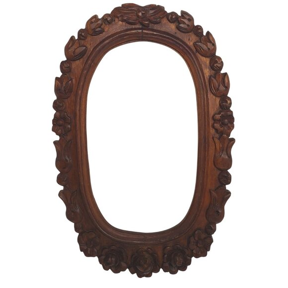 VTG Hand Carved Wooden Oval Frame Floral Boho Wall Art Frame Rustic Cottagecore - Picture 14 of 14